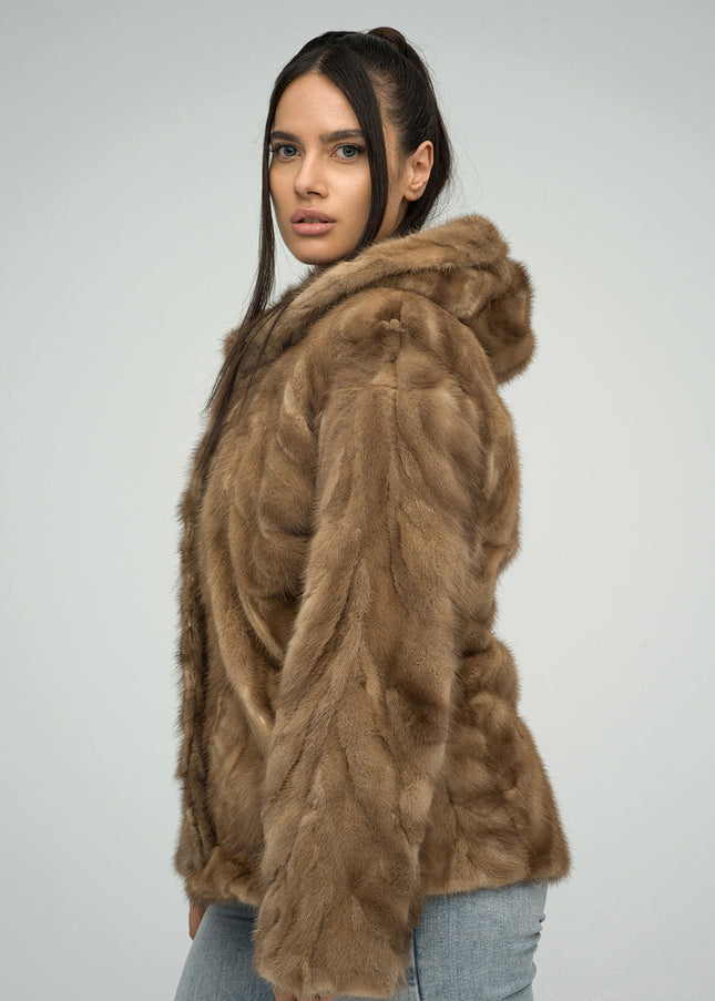 Taupe Genuine Hooded Mink Fur Coat-1