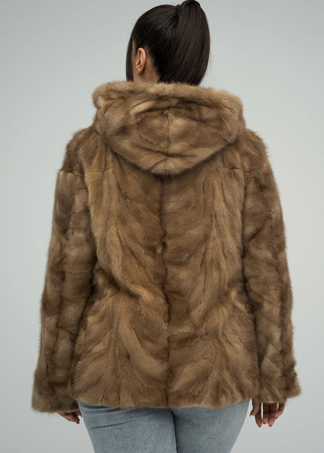 Taupe Genuine Hooded Mink Fur Coat-2