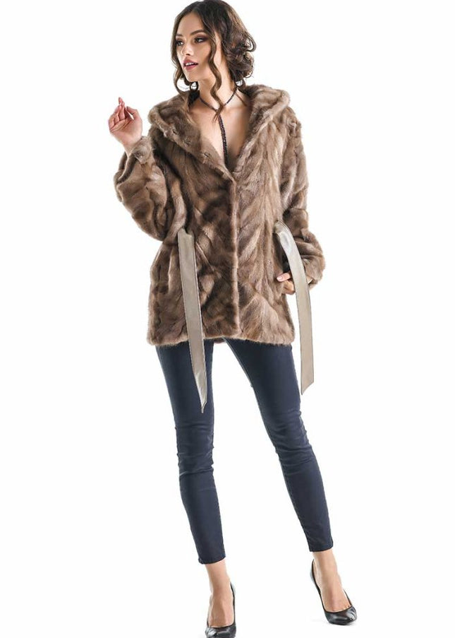 Taupe Hooded Genuine Mink Fur Coat with Leather Belt-0