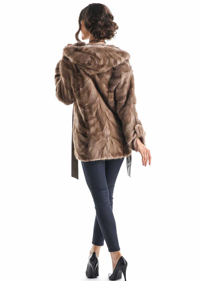 Taupe Hooded Genuine Mink Fur Coat with Leather Belt-1