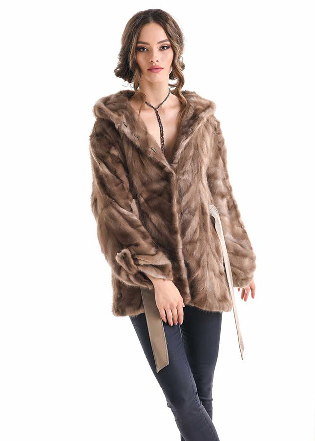 Taupe Hooded Genuine Mink Fur Coat with Leather Belt-2