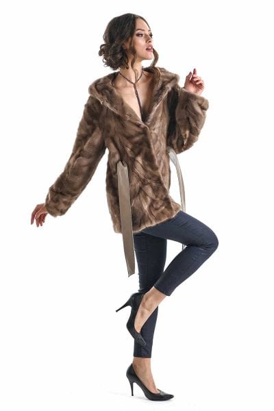 Taupe Hooded Genuine Mink Fur Coat with Leather Belt-3