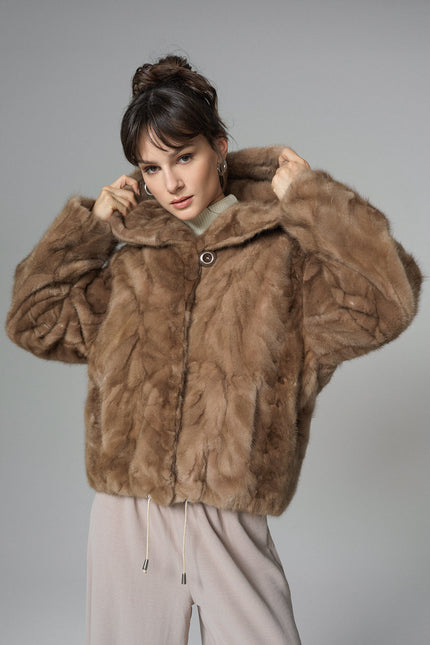 Taupe Hooded Nutria Mink Fur Coat-0