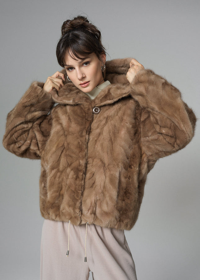 Taupe Hooded Nutria Mink Fur Coat-0