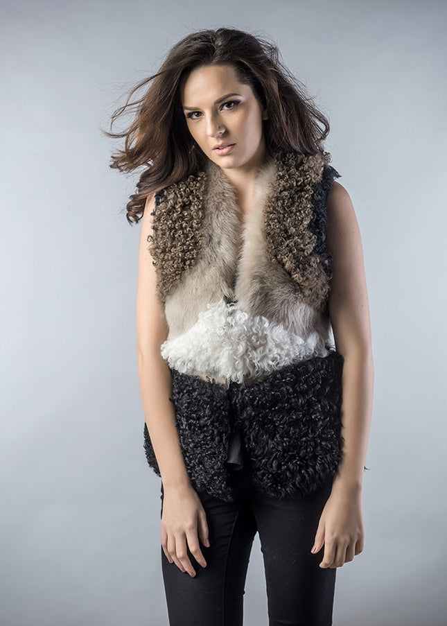 Taupe Lamb Nappa Leather Shearling Vest-2