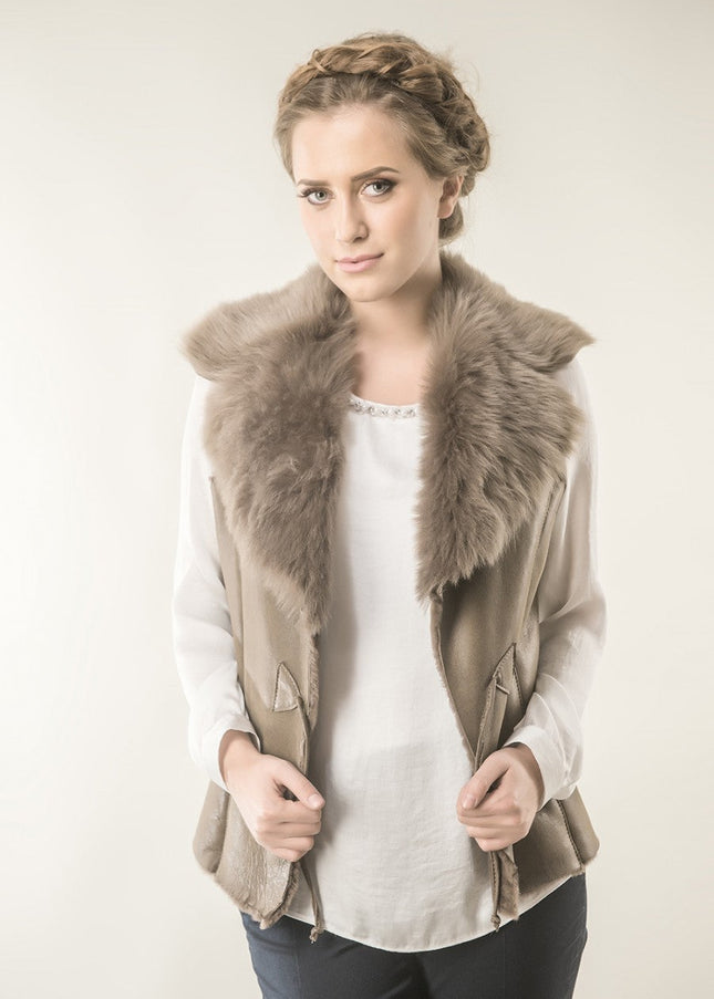 Taupe Merino Fur Nappa Lamb Leather Vest-0