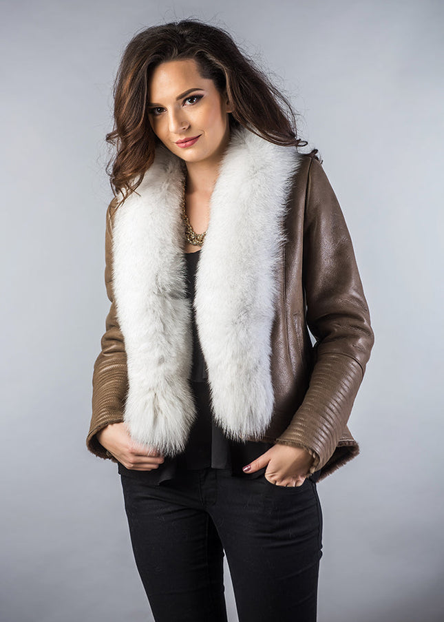 Taupe Merino Shearling Jacket with Arctic Fox Fur Collar-1