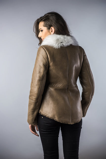 Taupe Merino Shearling Jacket with Arctic Fox Fur Collar-2