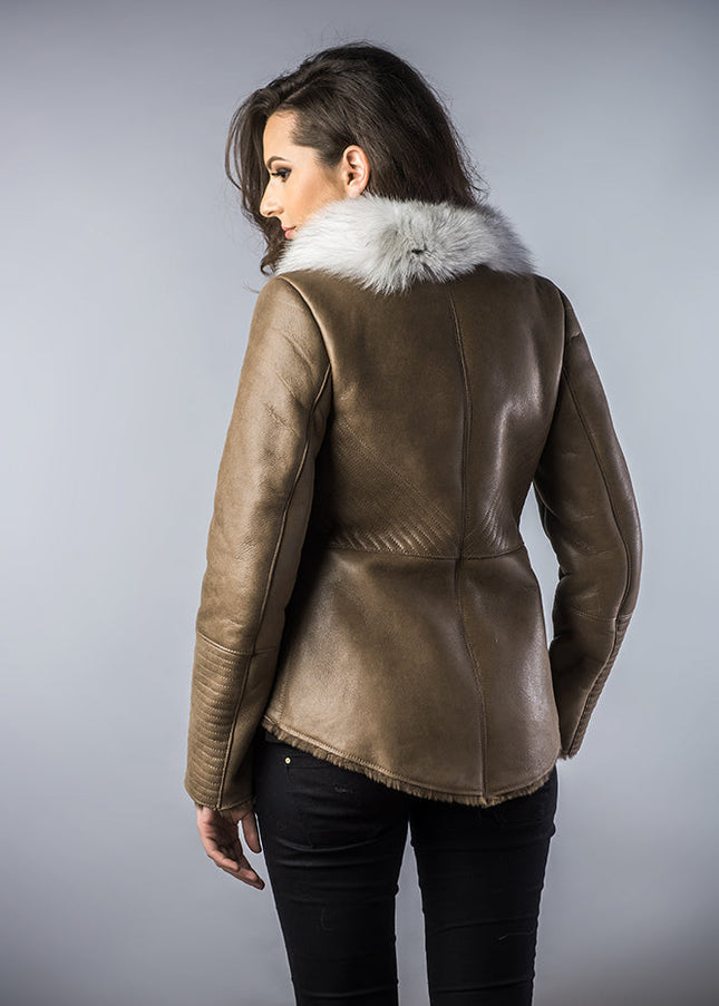 Taupe Merino Shearling Jacket with Arctic Fox Fur Collar-2