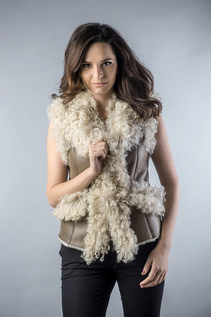 Taupe Natural Nappa Lambskin Merino Fur Vest-0