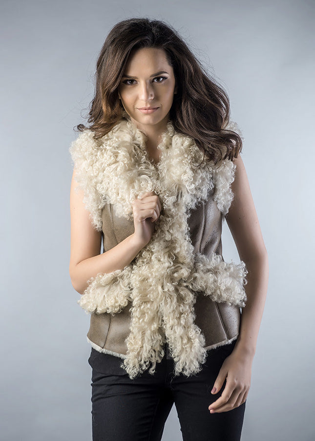 Taupe Natural Nappa Lambskin Merino Fur Vest-0