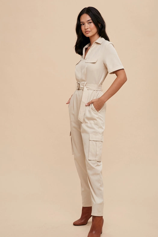 Tencel Blend Utility Jumpsuit BONE