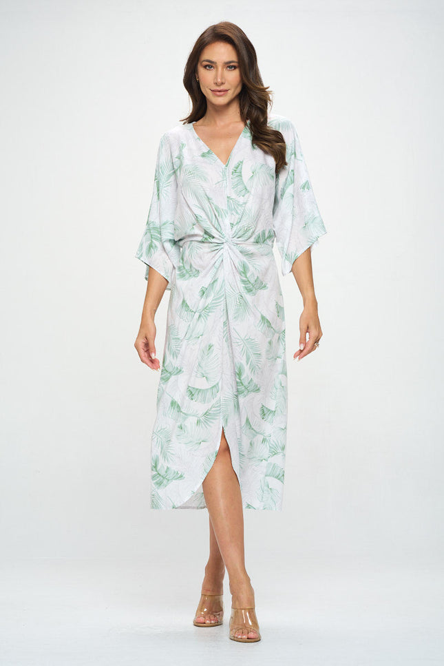 Tencel Tropical Leaf Print Kimono Style Dress with Front Twist-1