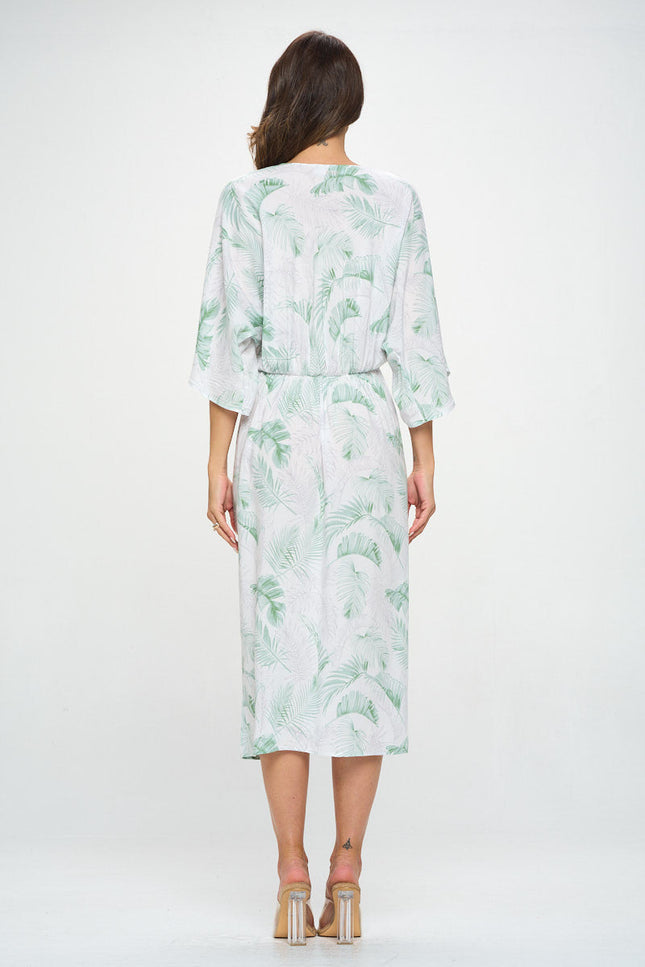 Tencel Tropical Leaf Print Kimono Style Dress with Front Twist-4