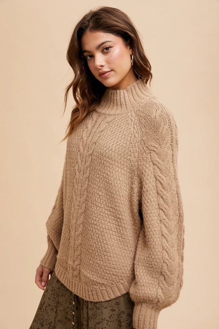 Textured Cable Knit Highneck Sweater Beige