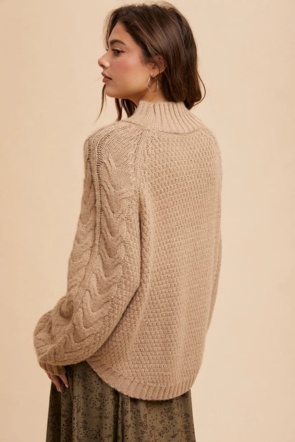 Textured Cable Knit Highneck Sweater Beige