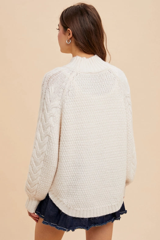 Textured Cable Knit Highneck Sweater IVORY