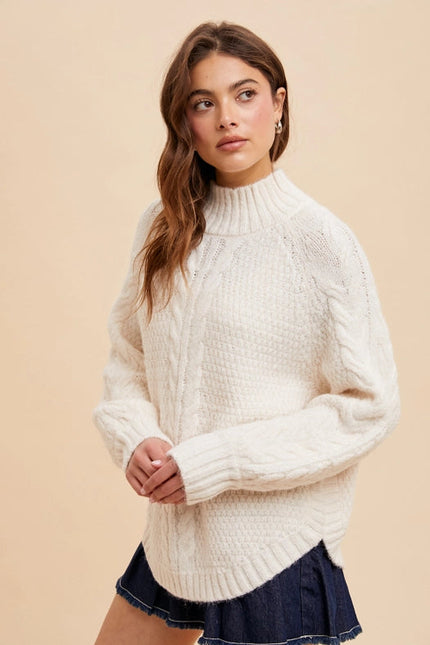 Textured Cable Knit Highneck Sweater IVORY