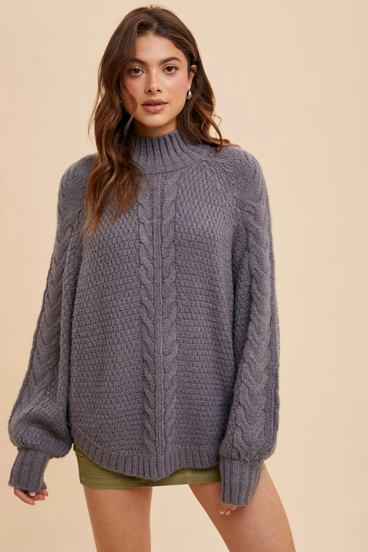 Textured Cable Knit Highneck Sweater LAVA SMOKE