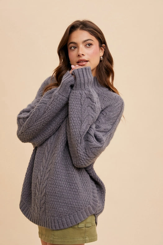 Textured Cable Knit Highneck Sweater LAVA SMOKE