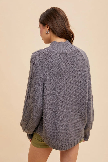 Textured Cable Knit Highneck Sweater LAVA SMOKE