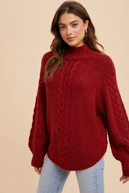 Textured Cable Knit Highneck Sweater MAHOGANY