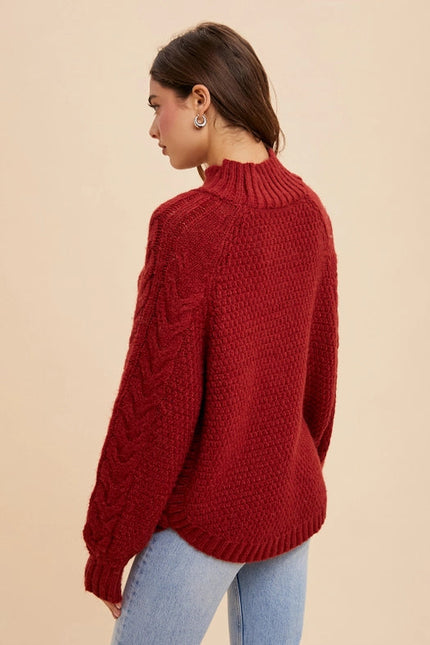 Textured Cable Knit Highneck Sweater MAHOGANY