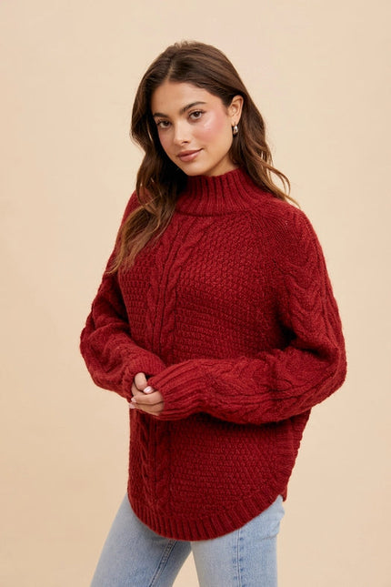 Textured Cable Knit Highneck Sweater MAHOGANY