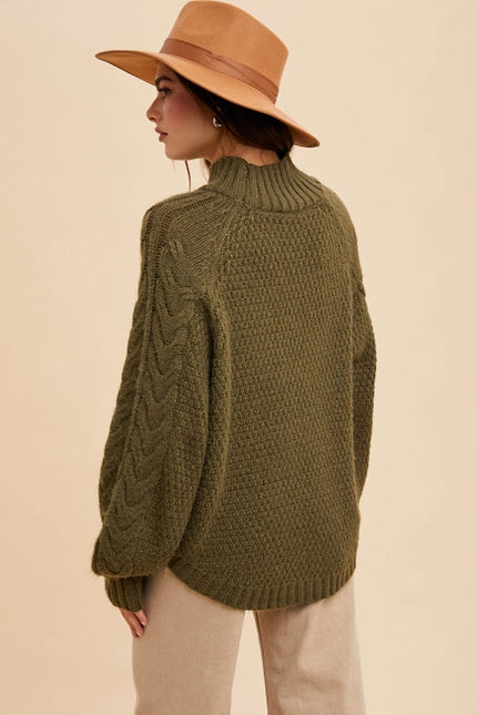 Textured Cable Knit Highneck Sweater OLIVE