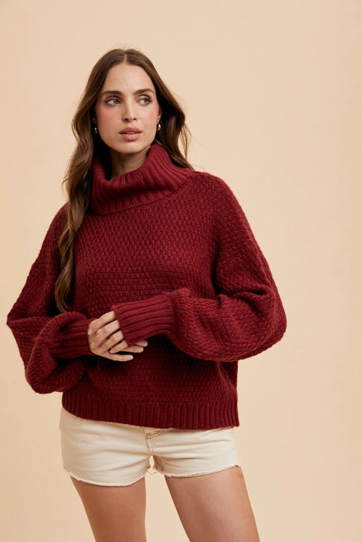 Textured Knitted Turtleneck Sweater MERLOT