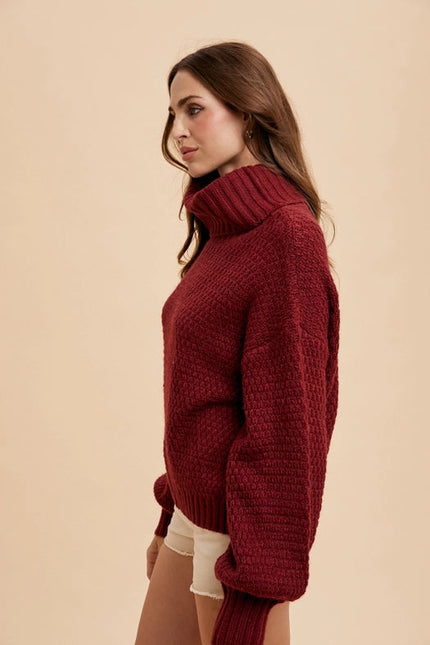 Textured Knitted Turtleneck Sweater MERLOT