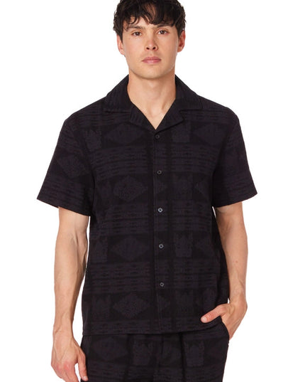 Textured Short Sleeve Men's Button Down Shirt BLACK