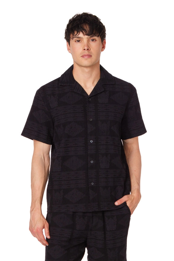 Textured Short Sleeve Men's Button Down Shirt BLACK