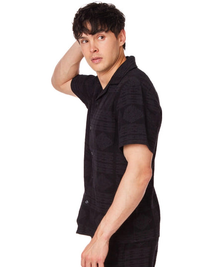 Textured Short Sleeve Men's Button Down Shirt BLACK