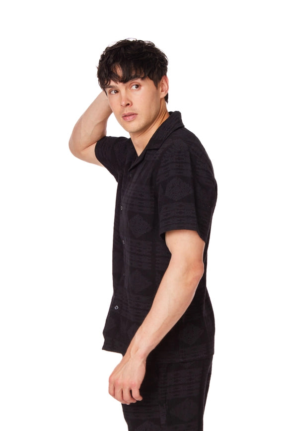 Textured Short Sleeve Men's Button Down Shirt BLACK