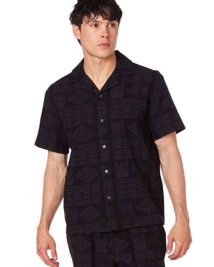 Textured Short Sleeve Men's Button Down Shirt BLACK