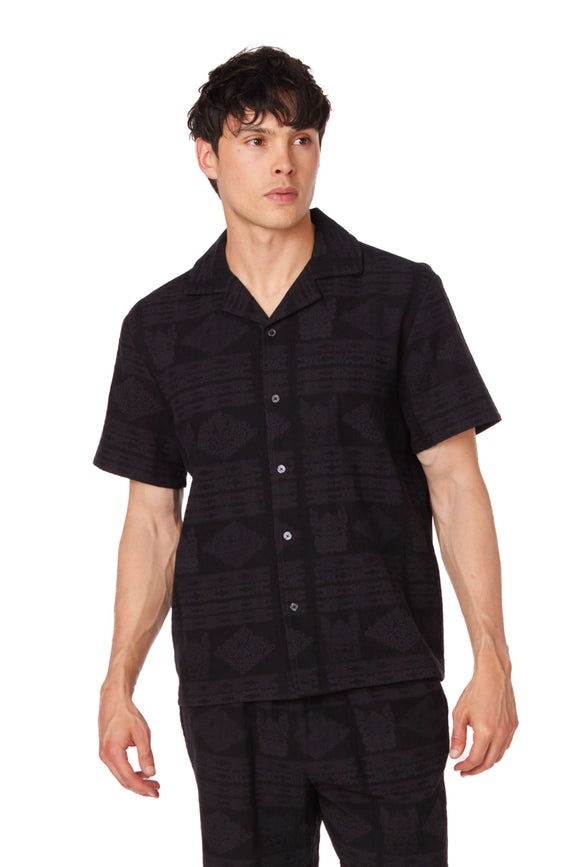 Textured Short Sleeve Men's Button Down Shirt BLACK