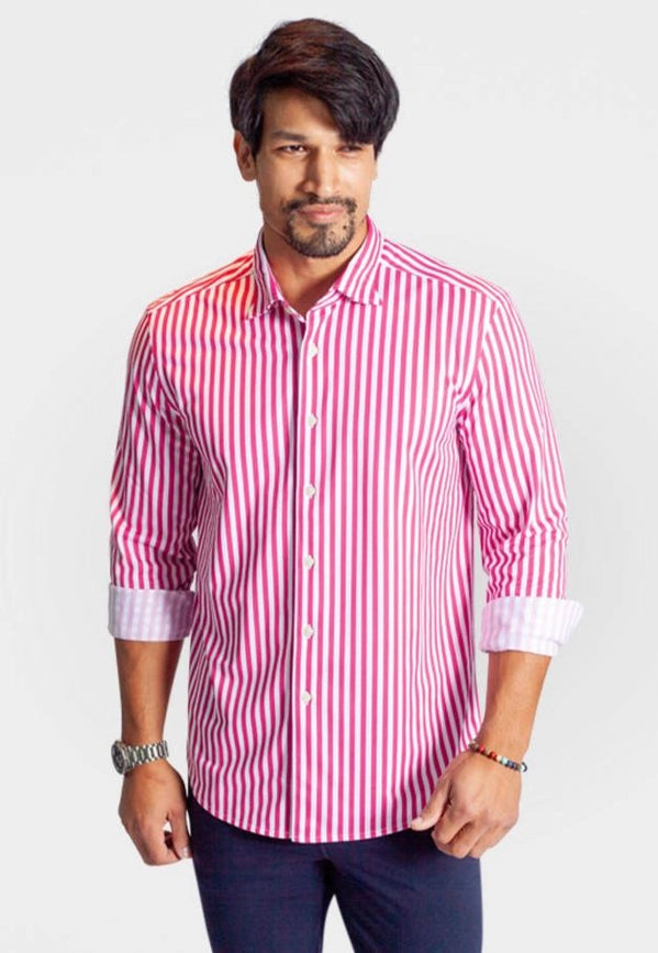 The Go Big Stripe Long Sleeve Tech Shirt - Jazzy Red