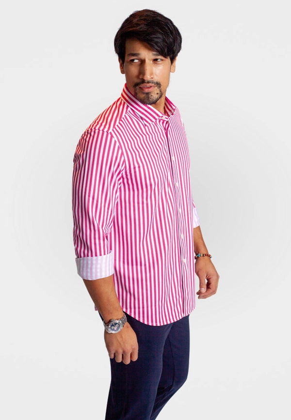 The Go Big Stripe Long Sleeve Tech Shirt - Jazzy Red