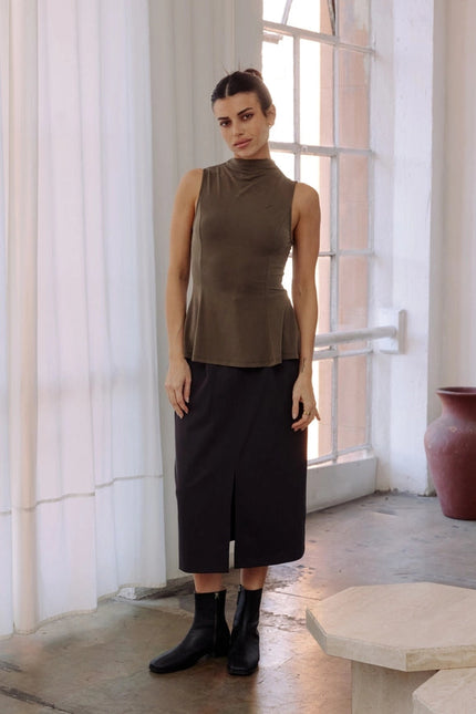 The Penny Skirt | Tailored Midi Skirt with Front Slit CHARCOAL