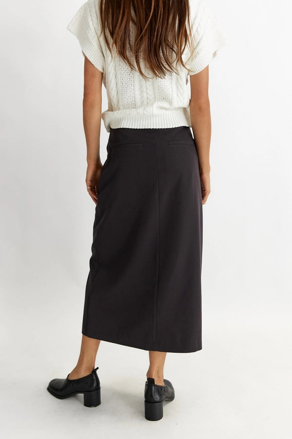 The Penny Skirt | Tailored Midi Skirt with Front Slit CHARCOAL