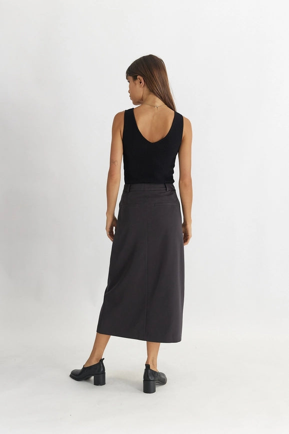 The Penny Skirt | Tailored Midi Skirt with Front Slit CHARCOAL