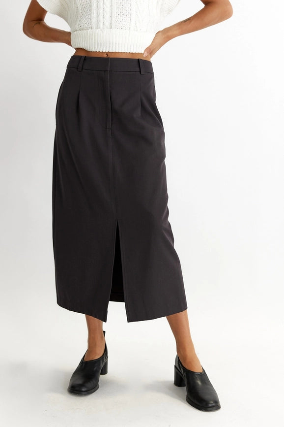 The Penny Skirt | Tailored Midi Skirt with Front Slit CHARCOAL