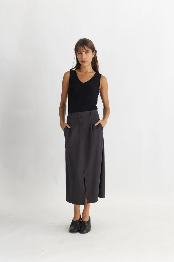 The Penny Skirt | Tailored Midi Skirt with Front Slit CHARCOAL