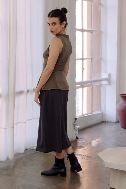 The Penny Skirt | Tailored Midi Skirt with Front Slit CHARCOAL