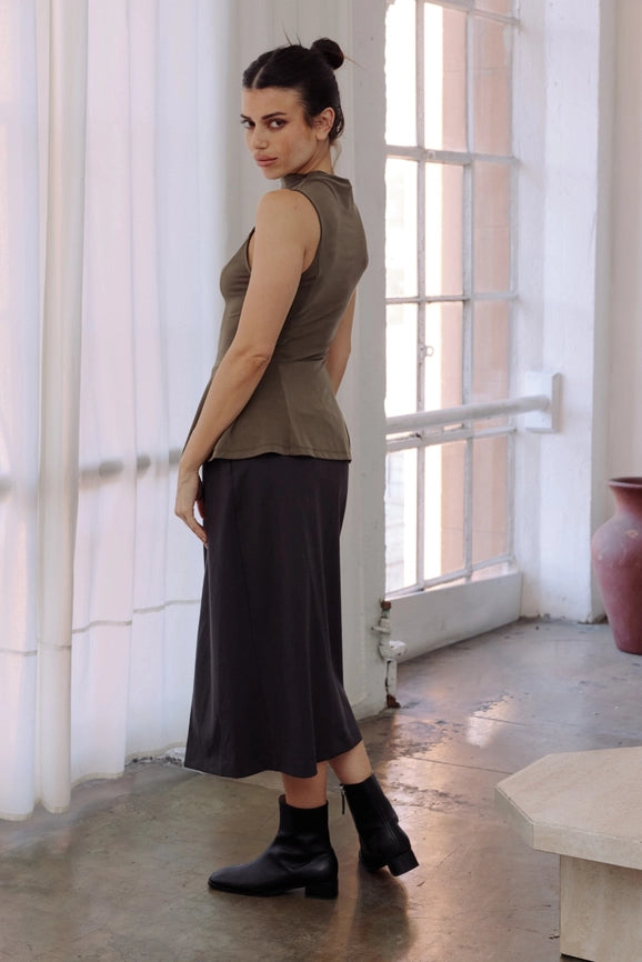 The Penny Skirt | Tailored Midi Skirt with Front Slit CHARCOAL