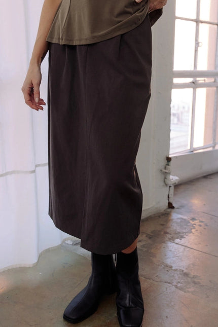 The Penny Skirt | Tailored Midi Skirt with Front Slit CHARCOAL