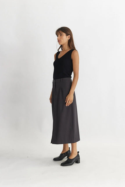 The Penny Skirt | Tailored Midi Skirt with Front Slit CHARCOAL