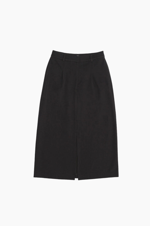 The Penny Skirt | Tailored Midi Skirt with Front Slit CHARCOAL