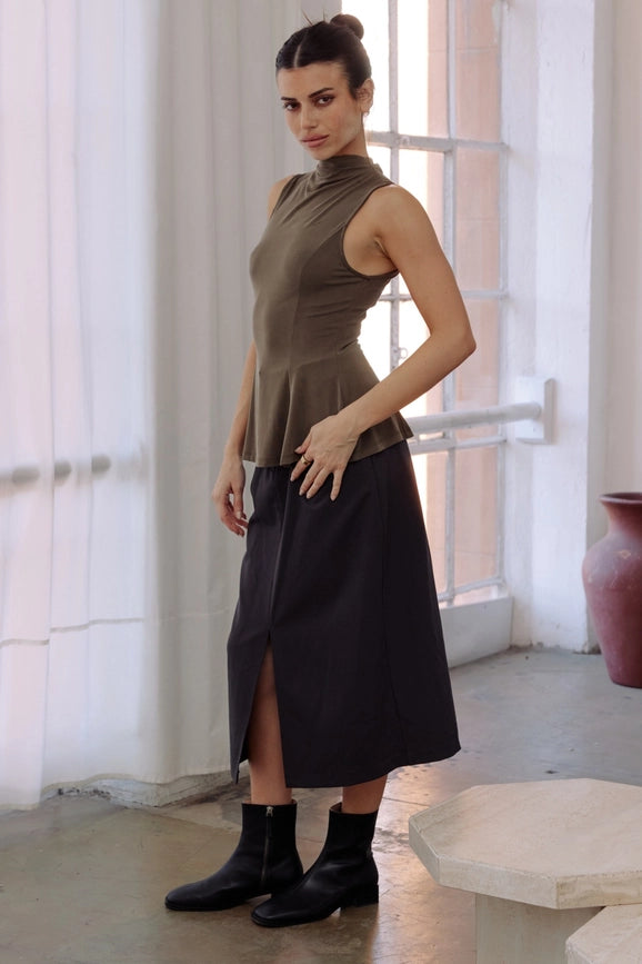 The Penny Skirt | Tailored Midi Skirt with Front Slit CHARCOAL